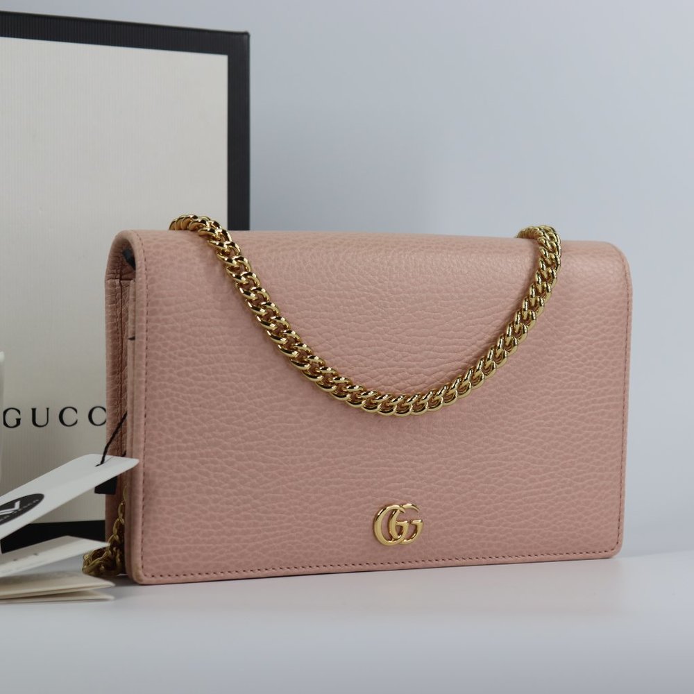 GUCCI Calfskin Mini GG Marmont Chain Wallet Perfect Pink
